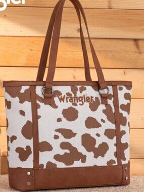 Wrangler Cow Print Tote Bag Western Shoulder Purse Brown White NWT